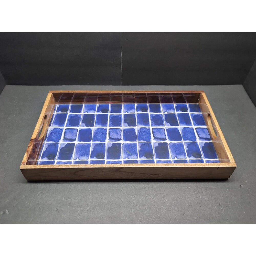 Gibson Elite Rectangle Serving Tray Dark Blue Enameled Handles Decor Display